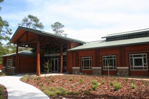 Exterior of learning center in Austin Cary Forest.
